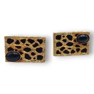 Sterling T2 Gold Tone Black Cabochon Cufflinks Vintage MCM Cuff Links